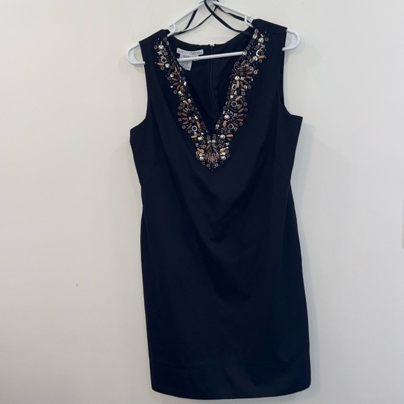 Maggy London size 14 sleeveless black dress with beading around collar - Picture 1 of 7